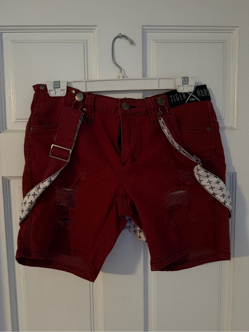 Tiger Horse Red Distressed Men’s Shorts with Accent Suspenders